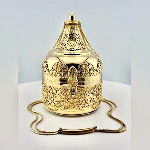 RARE JUDITH LEIBER 1970 Gold Plated Hard Case Minaudiere Handbag Box Filigree